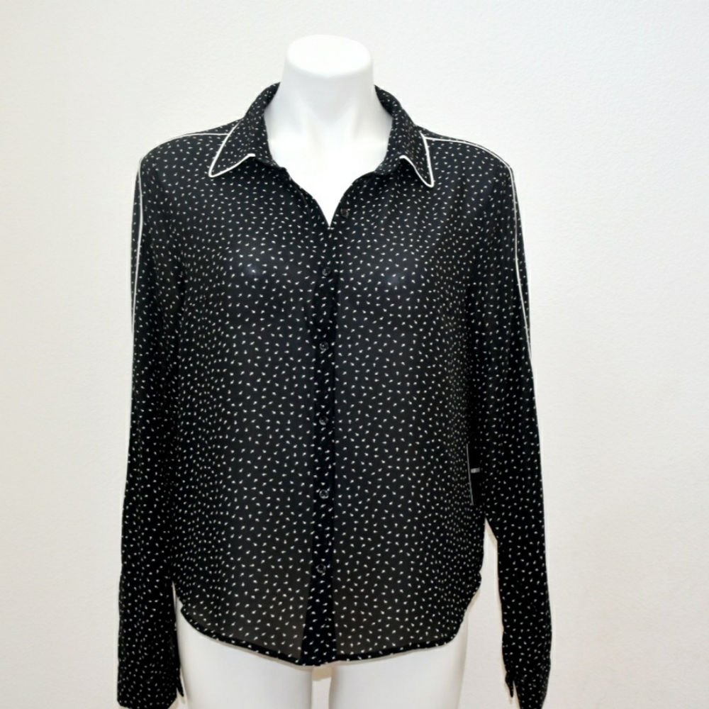 Forever 21 Women's Black White Sheer Long Sleeve Blouse  Size L